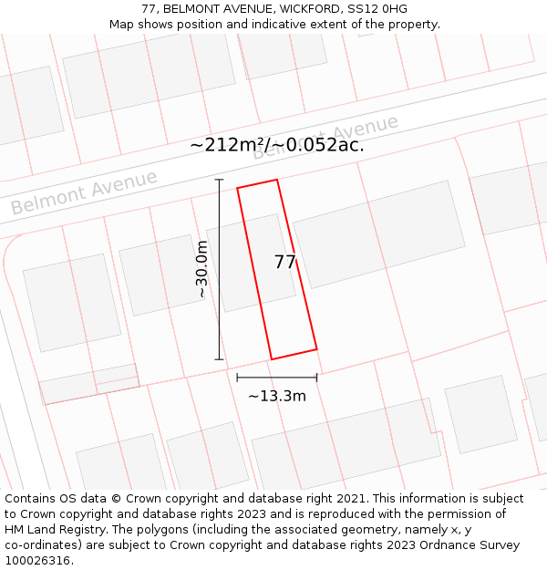 77, BELMONT AVENUE, WICKFORD, SS12 0HG: Plot and title map