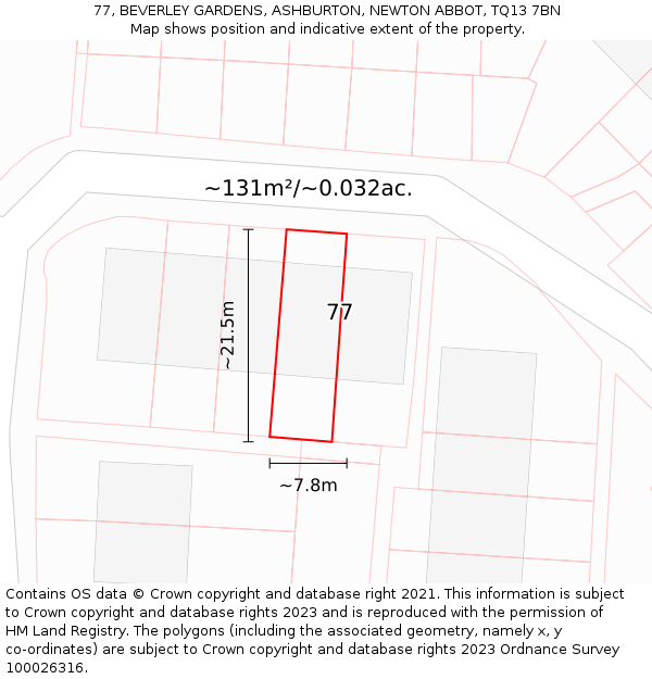 77, BEVERLEY GARDENS, ASHBURTON, NEWTON ABBOT, TQ13 7BN: Plot and title map