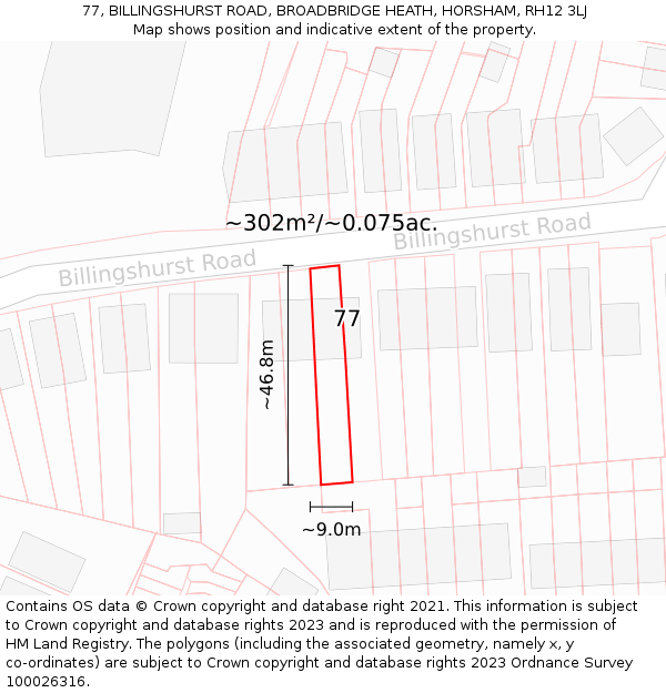 77, BILLINGSHURST ROAD, BROADBRIDGE HEATH, HORSHAM, RH12 3LJ: Plot and title map