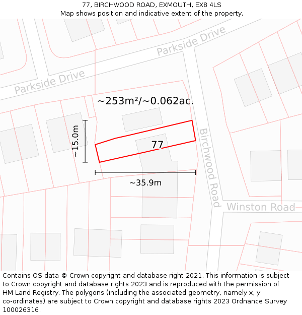 77, BIRCHWOOD ROAD, EXMOUTH, EX8 4LS: Plot and title map