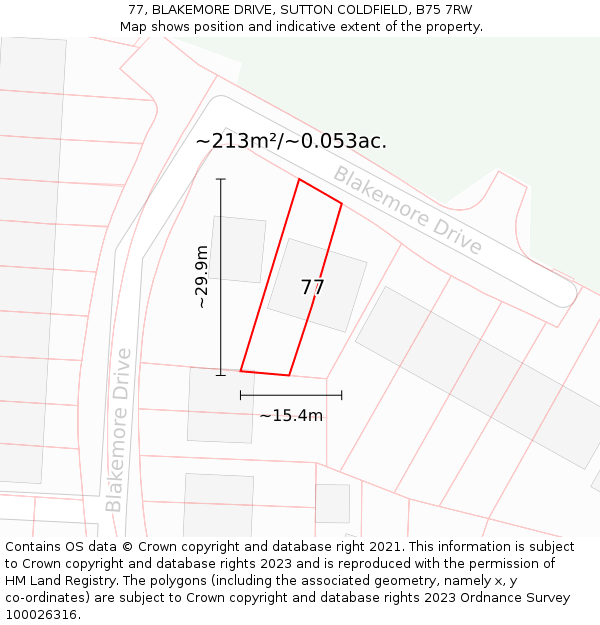 77, BLAKEMORE DRIVE, SUTTON COLDFIELD, B75 7RW: Plot and title map