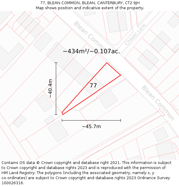 77, BLEAN COMMON, BLEAN, CANTERBURY, CT2 9JH: Plot and title map