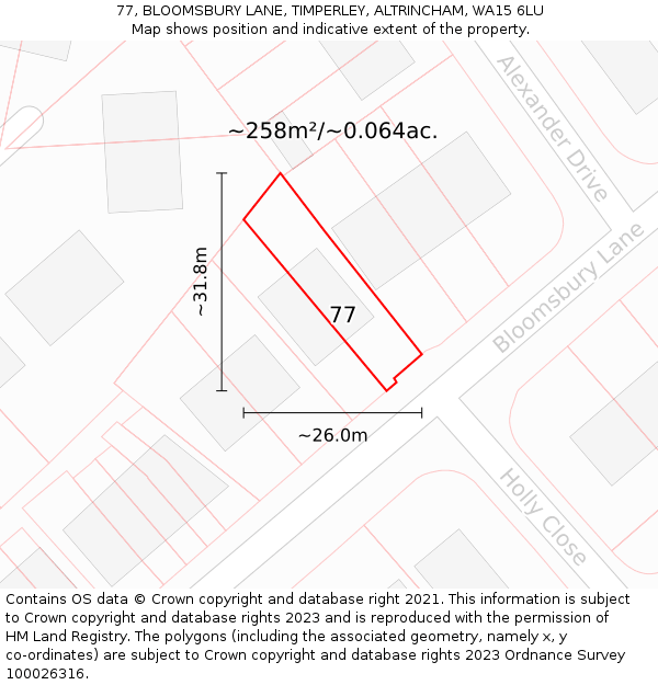 77, BLOOMSBURY LANE, TIMPERLEY, ALTRINCHAM, WA15 6LU: Plot and title map