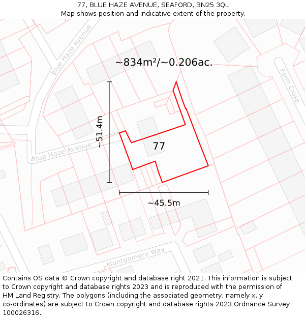 77, BLUE HAZE AVENUE, SEAFORD, BN25 3QL: Plot and title map