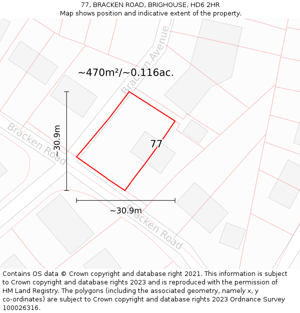 77, BRACKEN ROAD, BRIGHOUSE, HD6 2HR: Plot and title map