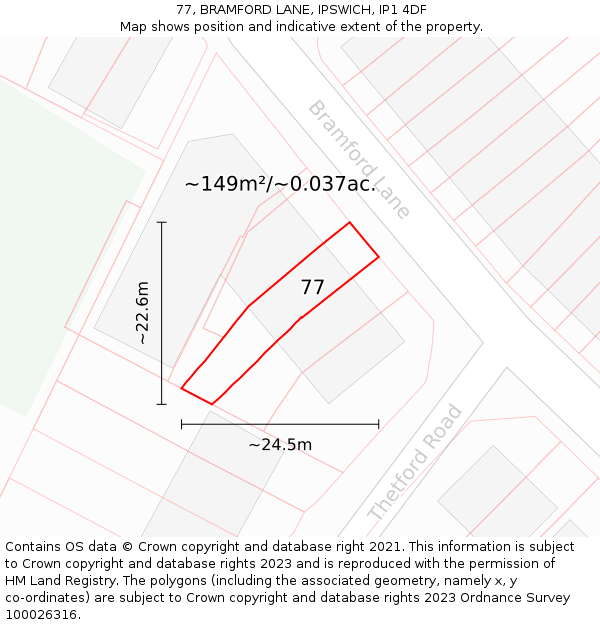 77, BRAMFORD LANE, IPSWICH, IP1 4DF: Plot and title map