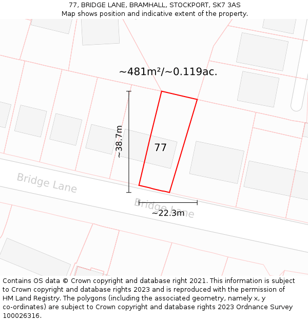 77, BRIDGE LANE, BRAMHALL, STOCKPORT, SK7 3AS: Plot and title map