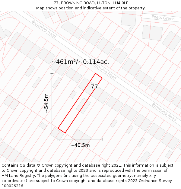 77, BROWNING ROAD, LUTON, LU4 0LF: Plot and title map