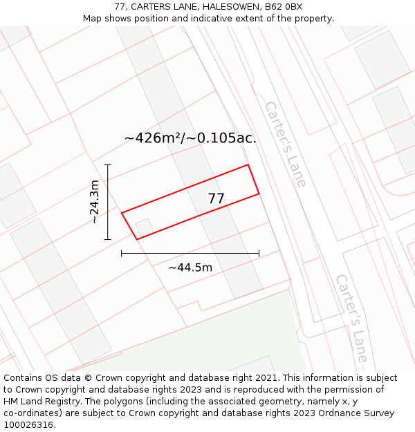 77, CARTERS LANE, HALESOWEN, B62 0BX: Plot and title map