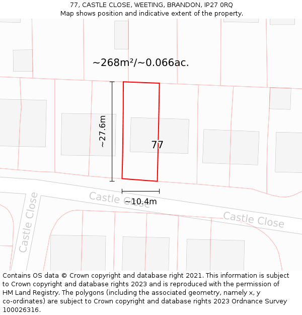 77, CASTLE CLOSE, WEETING, BRANDON, IP27 0RQ: Plot and title map