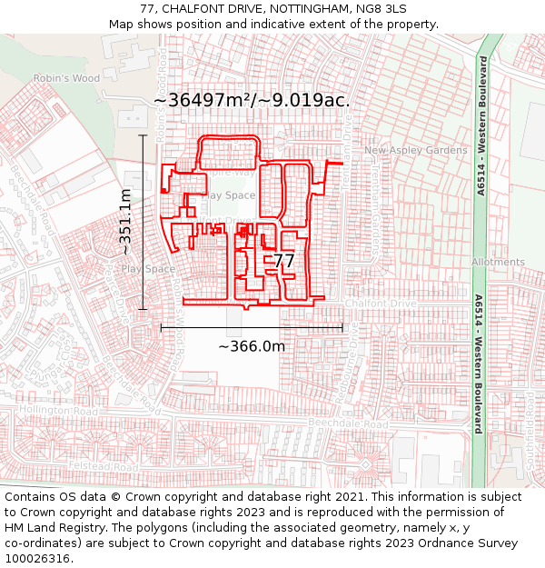 77, CHALFONT DRIVE, NOTTINGHAM, NG8 3LS: Plot and title map