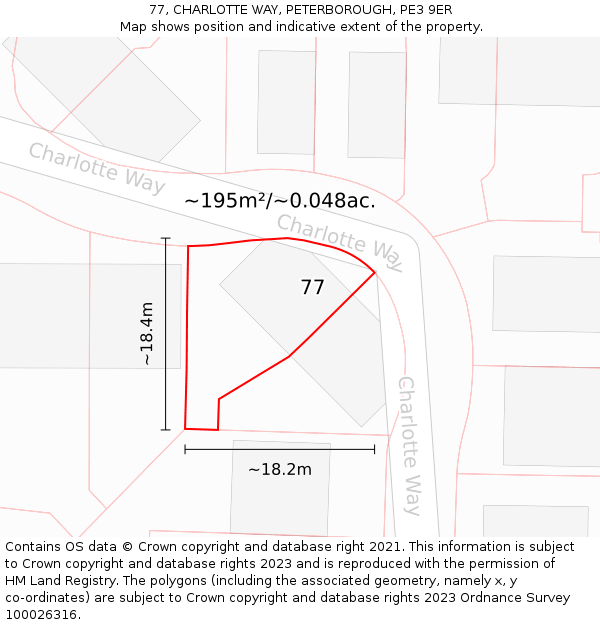 77, CHARLOTTE WAY, PETERBOROUGH, PE3 9ER: Plot and title map