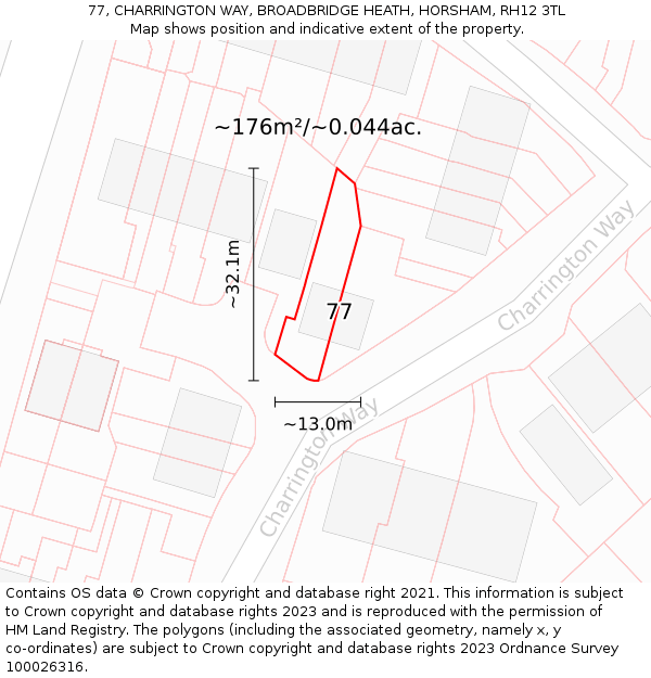 77, CHARRINGTON WAY, BROADBRIDGE HEATH, HORSHAM, RH12 3TL: Plot and title map