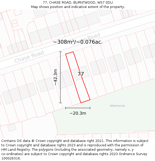 77, CHASE ROAD, BURNTWOOD, WS7 0DU: Plot and title map