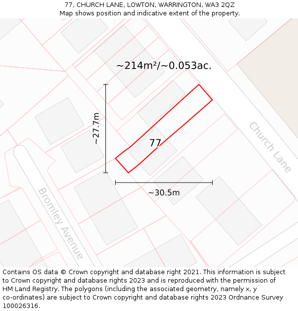 77, CHURCH LANE, LOWTON, WARRINGTON, WA3 2QZ: Plot and title map