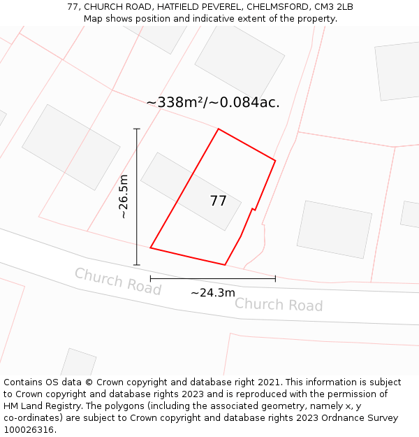 77, CHURCH ROAD, HATFIELD PEVEREL, CHELMSFORD, CM3 2LB: Plot and title map