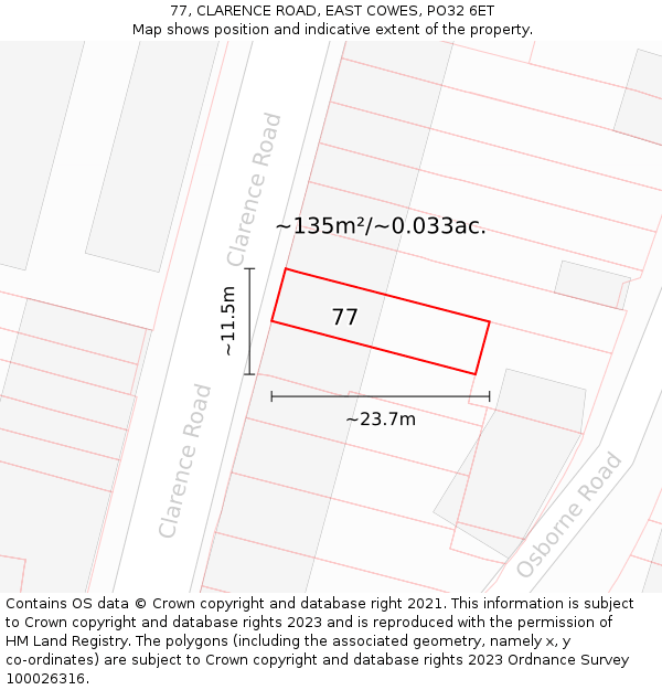 77, CLARENCE ROAD, EAST COWES, PO32 6ET: Plot and title map