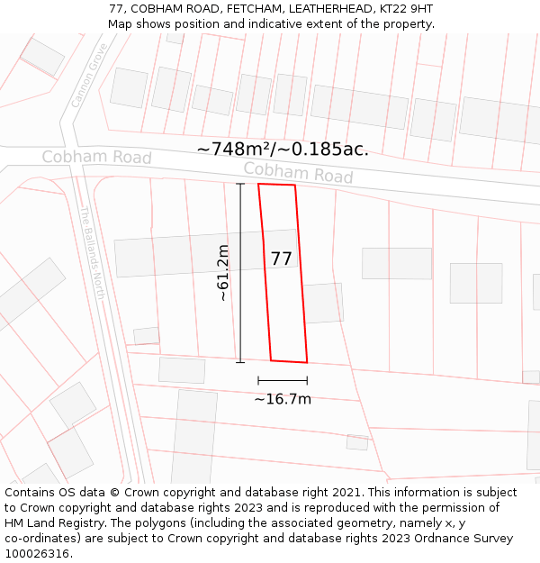 77, COBHAM ROAD, FETCHAM, LEATHERHEAD, KT22 9HT: Plot and title map