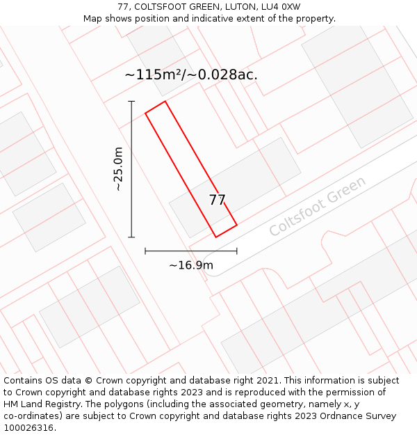 77, COLTSFOOT GREEN, LUTON, LU4 0XW: Plot and title map