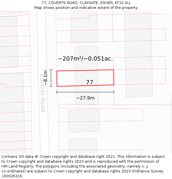 77, COVERTS ROAD, CLAYGATE, ESHER, KT10 0LL: Plot and title map