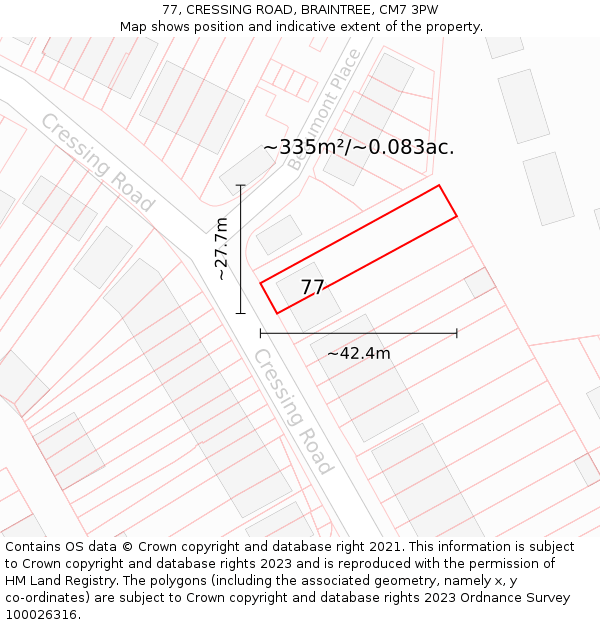 77, CRESSING ROAD, BRAINTREE, CM7 3PW: Plot and title map