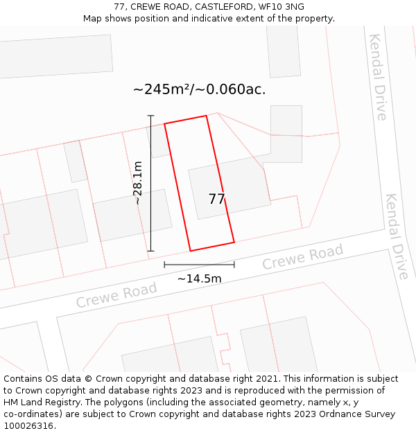 77, CREWE ROAD, CASTLEFORD, WF10 3NG: Plot and title map