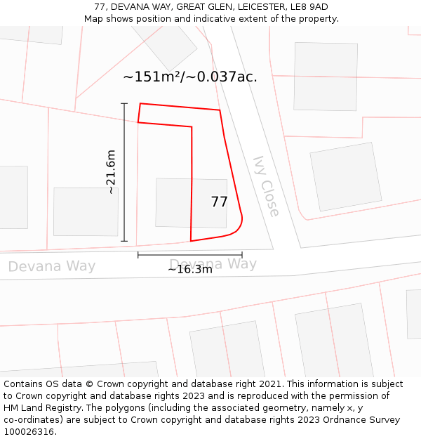 77, DEVANA WAY, GREAT GLEN, LEICESTER, LE8 9AD: Plot and title map