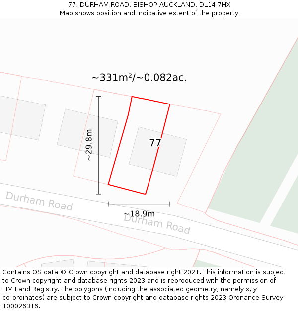 77, DURHAM ROAD, BISHOP AUCKLAND, DL14 7HX: Plot and title map