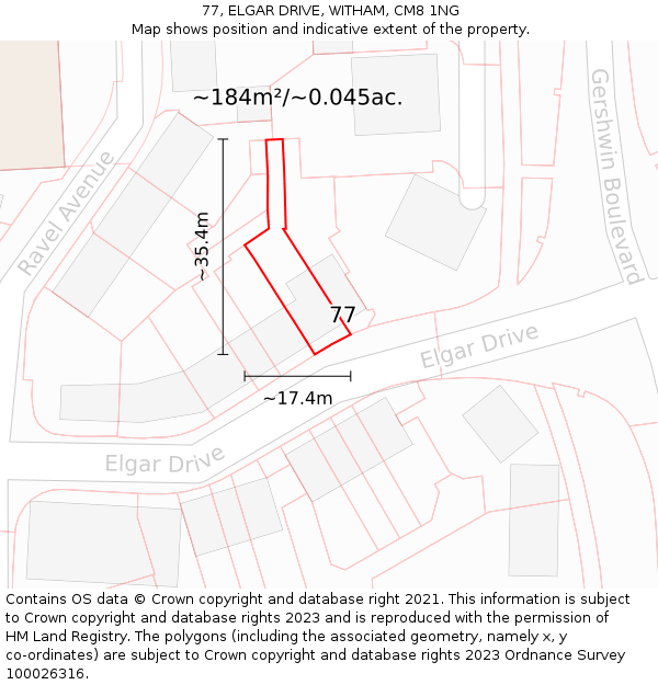 77, ELGAR DRIVE, WITHAM, CM8 1NG: Plot and title map