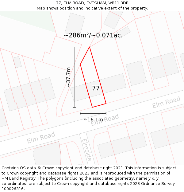 77, ELM ROAD, EVESHAM, WR11 3DR: Plot and title map