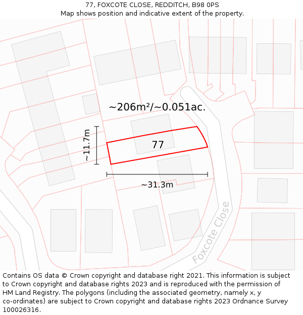 77, FOXCOTE CLOSE, REDDITCH, B98 0PS: Plot and title map