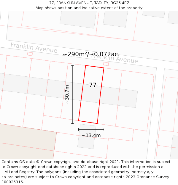 77, FRANKLIN AVENUE, TADLEY, RG26 4EZ: Plot and title map