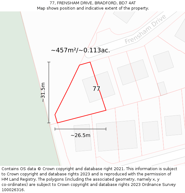 77, FRENSHAM DRIVE, BRADFORD, BD7 4AT: Plot and title map