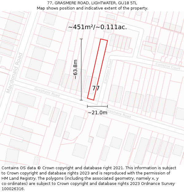 77, GRASMERE ROAD, LIGHTWATER, GU18 5TL: Plot and title map