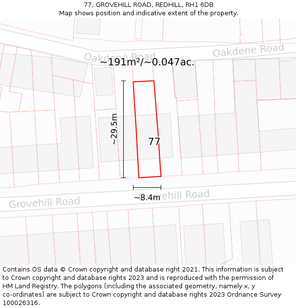 77, GROVEHILL ROAD, REDHILL, RH1 6DB: Plot and title map