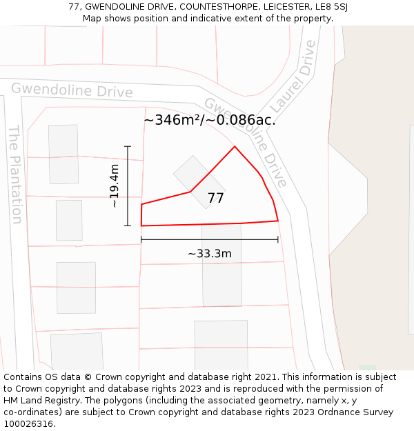 77, GWENDOLINE DRIVE, COUNTESTHORPE, LEICESTER, LE8 5SJ: Plot and title map
