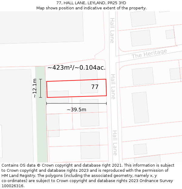 77, HALL LANE, LEYLAND, PR25 3YD: Plot and title map