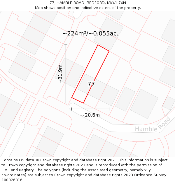 77, HAMBLE ROAD, BEDFORD, MK41 7XN: Plot and title map