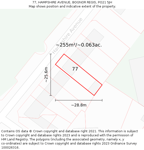 77, HAMPSHIRE AVENUE, BOGNOR REGIS, PO21 5JH: Plot and title map