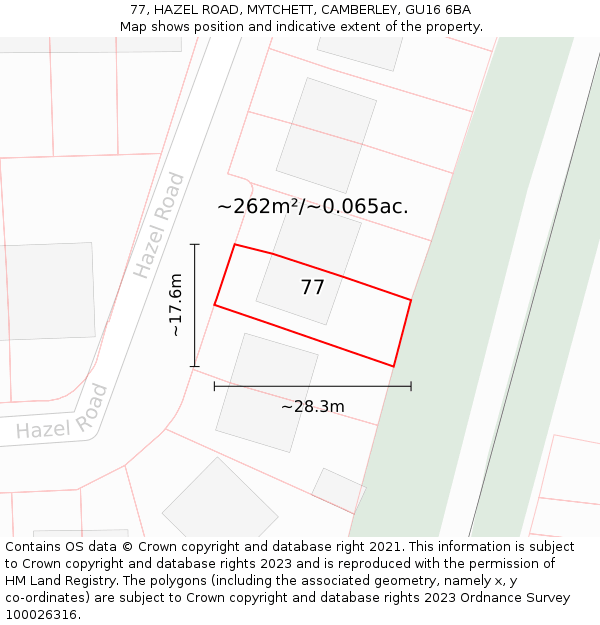 77, HAZEL ROAD, MYTCHETT, CAMBERLEY, GU16 6BA: Plot and title map