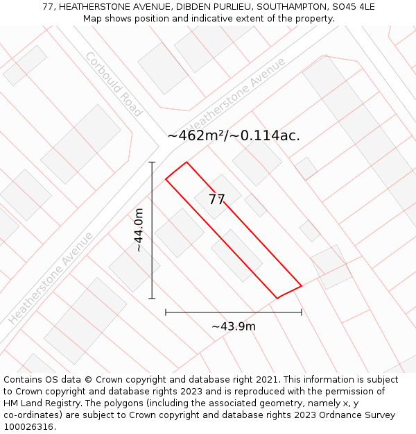 77, HEATHERSTONE AVENUE, DIBDEN PURLIEU, SOUTHAMPTON, SO45 4LE: Plot and title map