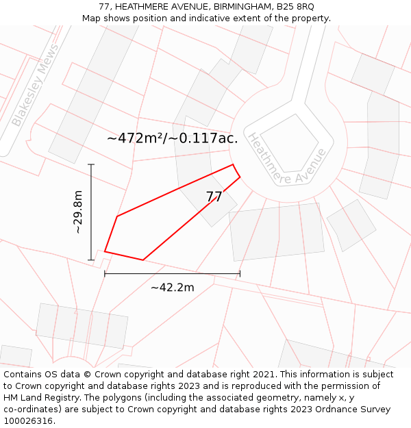 77, HEATHMERE AVENUE, BIRMINGHAM, B25 8RQ: Plot and title map