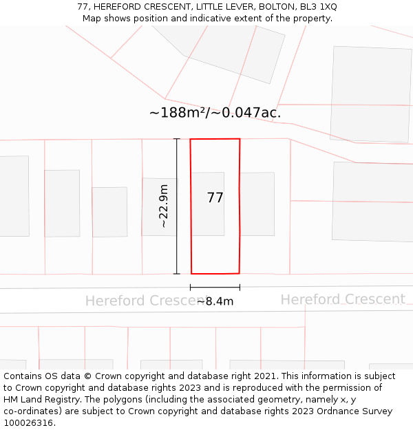 77, HEREFORD CRESCENT, LITTLE LEVER, BOLTON, BL3 1XQ: Plot and title map