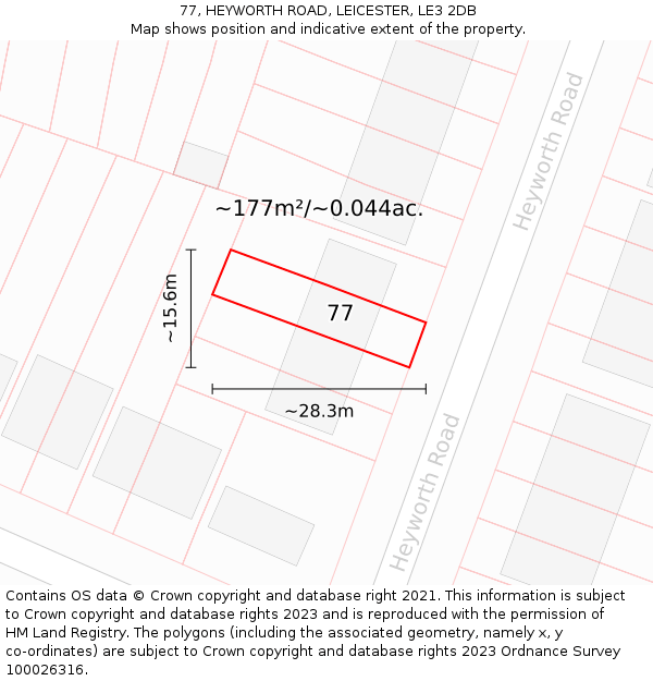 77, HEYWORTH ROAD, LEICESTER, LE3 2DB: Plot and title map