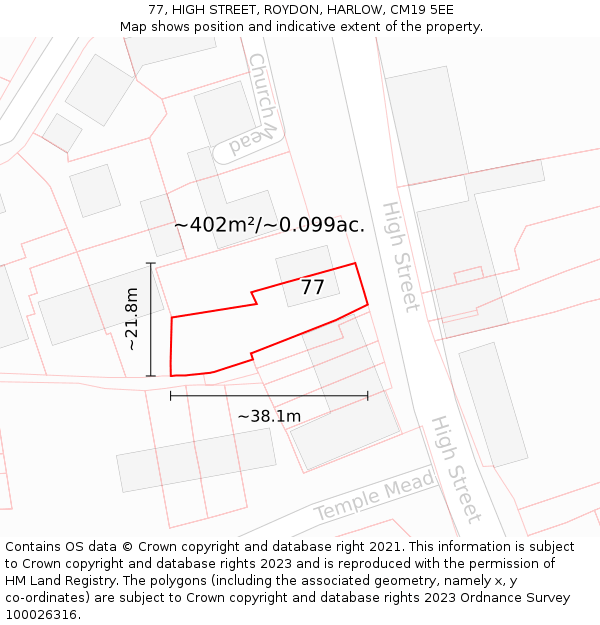 77, HIGH STREET, ROYDON, HARLOW, CM19 5EE: Plot and title map