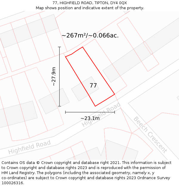 77, HIGHFIELD ROAD, TIPTON, DY4 0QX: Plot and title map