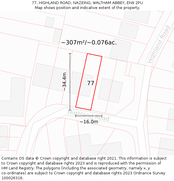 77, HIGHLAND ROAD, NAZEING, WALTHAM ABBEY, EN9 2PU: Plot and title map