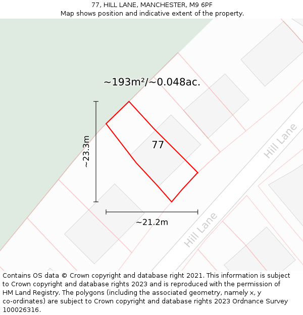 77, HILL LANE, MANCHESTER, M9 6PF: Plot and title map