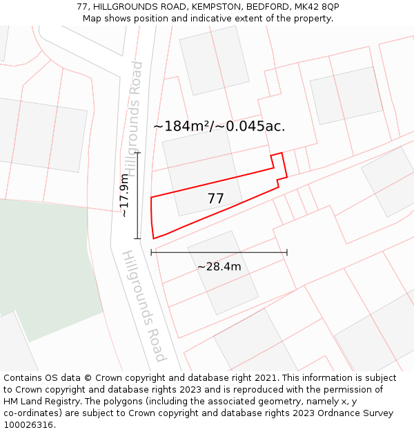 77, HILLGROUNDS ROAD, KEMPSTON, BEDFORD, MK42 8QP: Plot and title map