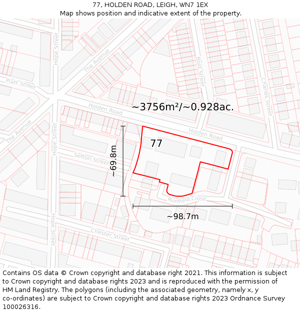 77, HOLDEN ROAD, LEIGH, WN7 1EX: Plot and title map